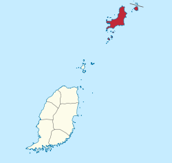 Location of Carriacou and Petite Martinique (red) relative to Grenada (white).