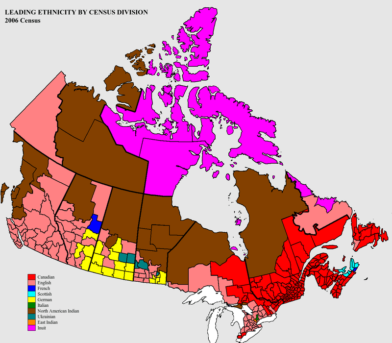 "Map of Canada colour-coded for the 2006 census results for the leading ethnicity by census division"