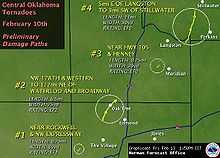 A map depicting the tracks, size and rating of four central Oklahoma tornadoes of February 10th. #1 Near Rockwell and NW Expressway was 0.75 miles (1.21 km) by 30 yards (27 m) rated EF1. #2 NW 178th and Western to 0.5 miles (0.80 km) NE of Waterloo and Broadway was 6.5 miles (10.5 km) by 75 yards (69 m) rated EF2. #3 Near highway 105 and Henney was .75 miles (1.21 km) by 20 yards (18 m) rated EF0. #4 5 miles E of Langston to 3 miles SW of Stillwater was 11 miles by 30 yards rated EF0. All four are roughly in line with #1 in the SW to #4 in the NE.