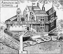 The Quebec Settlement : A.—The Warehouse. B.—Pigeon-loft. C.—Detached Buildings where we keep our arms and for Lodging our Workmen. D.—Another Detached Building for the Workmen. E.—Sun-dial. F.—Another Detached Building where is the Smithy and where the Workmen are Lodged. G.—Galleries all around the Lodgings. H.—The Sieur de Champlain's Lodgings. I.—The door of the Settlement with a Draw-bridge. L Promenade around the Settlement ten feet in width to the edge of the Moat. M.—Moat the whole way around the Settlement. O.—The Sieur de Champlain's Garden. P.—The Kitchen. Q.—Space in front of the Settlement on the Shore of the River. R.—The great River St. Lawrence.