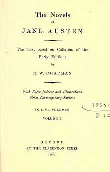 Title page reads "The Novels of Jane Austen, The Text based on Collation of the Early Editions by R. W. Chapman, With Notes Indexes and Illustrations from Contemporary Sources, In Five Volumes, Volume I, Oxford, At the Clarendon Press, 1923