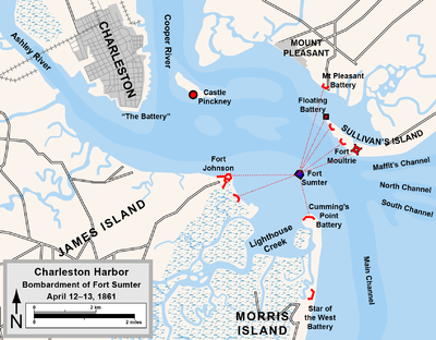 Map depicting Charleston harbor and the location of fortifications in 1861, with lines showing the paths of artillery fire against Fort Sumter