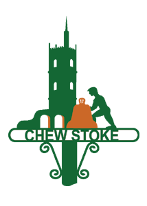 A black silhouette of the village sign depicting in a tower, bell and human.