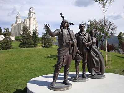 A statue of Chief Walker, Isaac Morley, and wife at Pioneer Heritage Gardens in Manti, Utah.