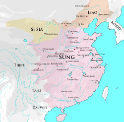 A map showing the territory of the Song, Liao, and Xianxing dynasties. The Song dynasty occupies the east half of what constitutes the territory of the modern People's Republic of China, except for the northernmost areas (modern Inner Mongolia province and above). The Xia occupy a small strip of land surrounding a river in what is now Inner Mongolia, and the Liao occupy a large section of what is today north-east China.