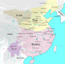 A map showing the territory of the Song dynasty after suffering losses to the Jin dynasty. The western and southern borders remain unchanged from the previous map, however the northernmost third of the Song's previous territory is now under control of the Jin. The Xia dynasty's territory generally remains unchanged. In the southwest, the Song dynasty is bordered by a territory about a sixth its size, Nanchao.