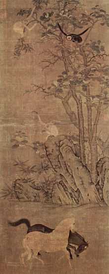 A long, vertically aligned painting of a nature scene. At the bottom of the painting, two horses, one tan and the other black, are playing with each other. Above them is a tree, which occupies the upper three fourths of the painting, emerging from behind a rock. Three long monkeys with limbs hang from various parts of the tree.