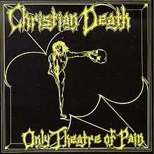The background of the album cover is black, with a yellow Christian Death logo emboldened at the top of the artwork and "Only Theatre of Pain" at the bottom, both in scratchy yellow print. In between the two texts is a drawing of a distorted, ghoulish figure that resembles Jesus Christ in a crucifix pose. The artwork has yellow-line borders, resembling that of the Bible; furthering its religious affectations.