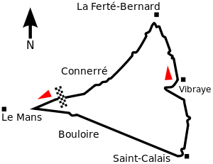 A roughly triangular track, with Le Mans at the western corner, La Ferté-Bernard at the north-east corner and Saint-Calais at the south-east corner. The track begins on the north-west side, and travels anti-clockwise.