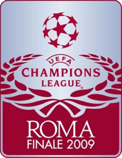 The official logo of the 2009 UEFA Champions League final: the UEFA Champions League logo sits in burgundy on a silver background, surrounded by a burgundy laurel wreath. Below, in white on a burgundy background, is written "Roma Finale 2009".