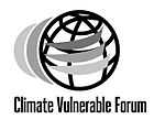 Climate Vulnerable Forum (CVF) logo in black and white globe with three grey-scale toned curved lines across the globe and two similar curved lines to the left of the globe with text at bottom: "Climate Vulnerable Forum"