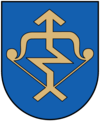 A coat of arms depicting a golden arrow with a zig-zag in the middle of it pulled back on a golden bow all on a blue background