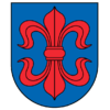 A coat of arms depicting a large, red fleur-de-lis that has a horizontal symmetry axis all on a blue background bordered by a black line