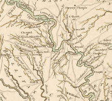 An excerpt from John Collet's 1770 map showing the Roanoke River running Northwest to Southeast, with Halifax depicted as a large settlement on the river at the center of the map.