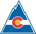 A spiky blue mountain with the inside featuring the flag of Colorado: three horizontal stripes, the top and bottom blue, and the middle stripe white; on top of these stripes sits a circular red "C", filled with a golden disk.