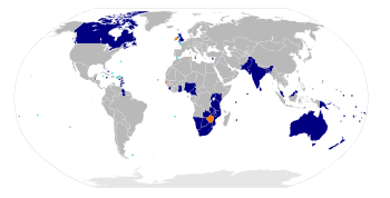 A map of the world, highlighting the member states of the Commonwealth (dark blue)