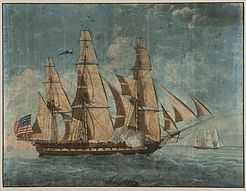 A painting depicting Constitution at sail. The bow of the ship points to the right of the frame