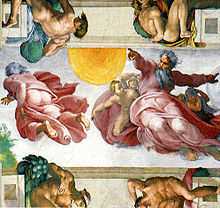 Fresco. God is depicted as an old man with a long grey beard, wearing a pink garment. He is depicted twice, with great dynamic action. To the right, He is shown supported by angels, creating the Moon with his left hand, and the Sun, at the centre of the painting, with his right. To the left, He is shown from the back, creating the Earth, which is covered with plants and only partly visible.
