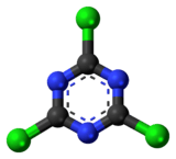 Ball-and-stick model of the cyanuric chloride molecule