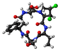 Ball-and-stick model of the cyclochlorotine molecule