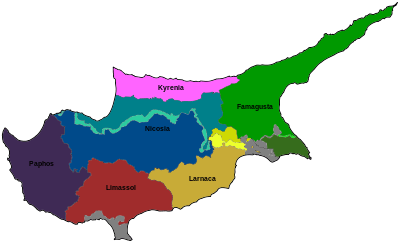A political map of Cyprus showing the country's district boundaries
