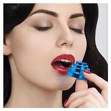 A digital image of a Caucasian woman swallowing a blue energy dome.