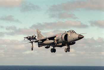 Grey jet aircraft with black radome and large engine inlet hovering with undercarriage extended. It is obscuring another identical jet in the distance. Near the bottom of the photograph, taken out at sea, is the horizon