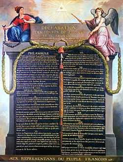 Picture of a painting; the painting is of a written declaration; there are two human images to the left and right; it says "Declaration des droits de l'homme" (declaration of the rights of man)