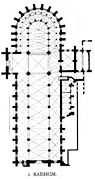 The architectural plan of a cruciform building, with short transepts and a curved apse.