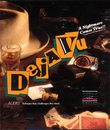 A large brown Fedora hat and a glass of liquor on a table with the title of the game "Deja Vu" in large letters.