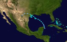 The track of a tropical storm starts along the eastern tip of the Yucatan Peninsula. It heads northwestward into the Gulf of Mexico, and on reaching a position south of Louisiana, it meanders erratically towards Texas.