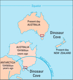 Map showing current and previous positions of Australia, with Dinosaur Cove outlined in red and the equator and antartic circle shown for reference