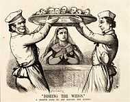 Disraeli and Derby, caricatured as chefs, set a dish before Queen Victoria. On the outside of the dish are the names of Conservative parliamentary bils; within are the faces of Liberal politicians