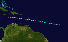 A track of a tropical storm, it starts near Cape Verde, crosses Martinique and dissipates in the Caribbean Sea