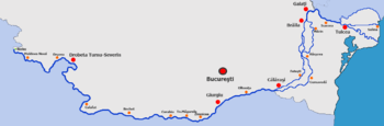 a map showing the locations of towns on the Danube along the Romanian border with Bulgaria