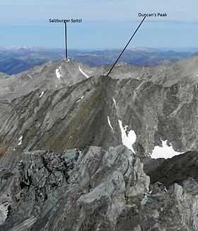 A photo of Salzburger Spitzl viewed the summit of Hyndman Peak with Duncan's Peak