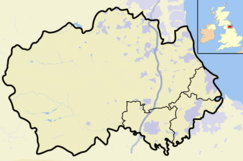 Map of England and Wales with a red dot representing the location of the Westernhope Burn Wood SSSI, Co Durham