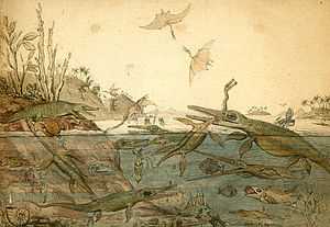 Watercolour of prehistoric animals and plants living in the sea and on the nearby shore; foreground figures include pterosaurs fighting in the air above the sea and an ichthyosaur byting into the long neck of a plesiosaur.