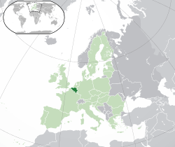 Location of  Belgium  (dark green)– in Europe  (green & dark grey)– in the European Union  (green)  –  [Legend]