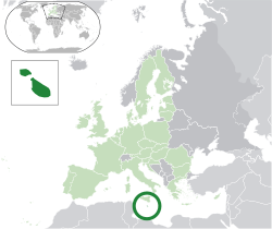 Location of  Malta  (dark green)– in Europe  (green & dark grey)– in the European Union  (green)  –  [Legend]