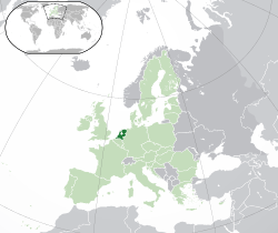 Location of the  European Netherlands  (dark green)– in Europe  (green & dark grey)– in the European Union  (green)