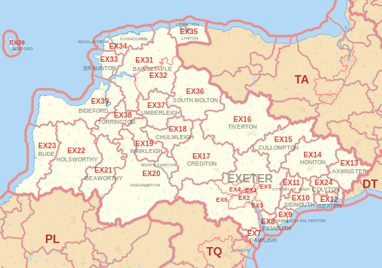 EX postcode area map, showing postcode districts, post towns and neighbouring postcode areas.