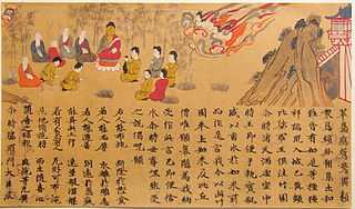 People seated around a Buddha statue and two heavenly beings descending from the sky. The lower part of the painting is covered by Chinese text.