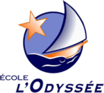 A logo design with a boat sailing on the sea with a large orange star shining beside it.