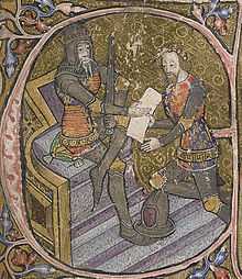14th century manuscript initial depicting Edward III of England (seated) and his son the Black Prince (kneeling)