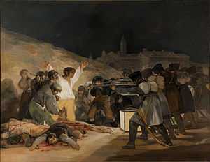 A scene of an execution at night with a city in the background. On the left is a group of civilians in varying states of despair. The focal point is a man whose white shirt is lit by a lantern. He throws his arms in the air and glares at the firing squad. Corpses lie on the bloodstained ground. On the right a row of soldiers, seen from the back, take aim.