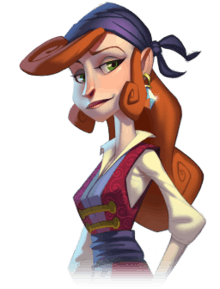 A woman depicted in a stylized art form. Possessing long red hair and green eyes, the woman wears a traditional pirate outfit with a blue headscarf. An earring with a large diamond hangs from her left ear.