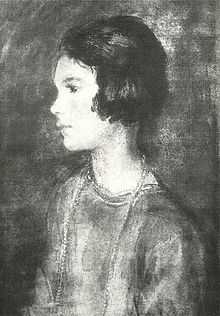 black and white reproduction of oil painting of a 9-year old girl, in left profile