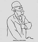 Line drawing of bespectacled, mustached man in a derby hat