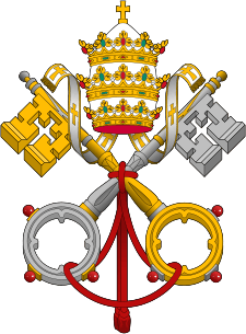 Gules, two keys in saltire or and argent, interlaced in the rings or, beneath a tiara argent, crowned or
